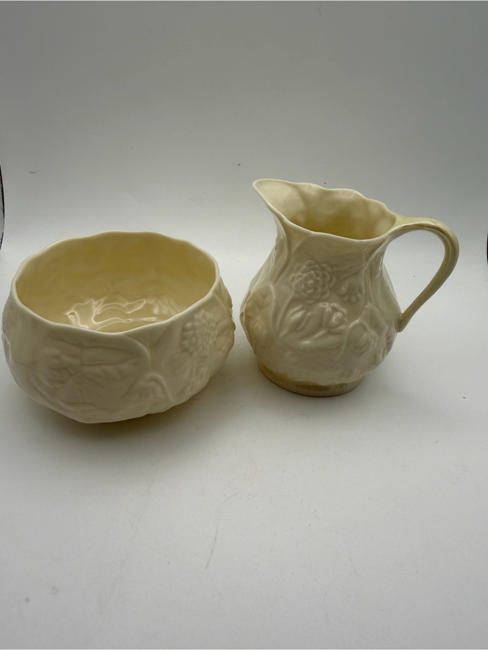 Vintage Belleek cream & sugar bowl set in the Lotus blooms pattern